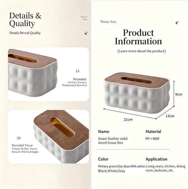 Grå plast kreativ papirboks med solid trelokk vevsoppbevaringsboks - Egnet for restauranter, rom, bad, biler, kontorer gray