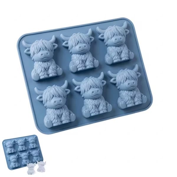 Høylandsfe isform 3D isbitform for drinker og baking – 6-hulls silikonform, gjenbrukbar flerfarget, EU-designpatent Blå Blue