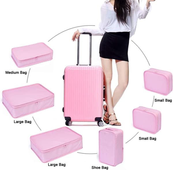 Set med 6 resväskor med skopåse (rosa)