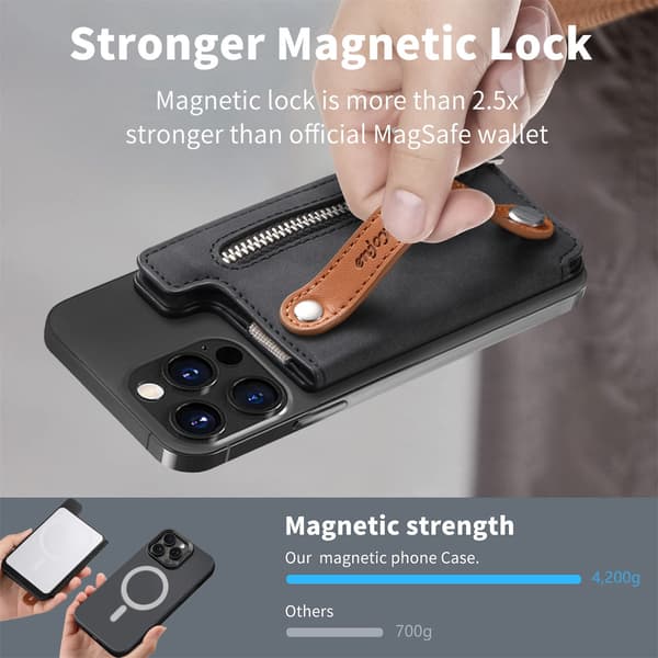 Magsafe Magnetisk PU Læder Kortholder med Håndledsrem og Lynlåslomme Sort 73 Black
