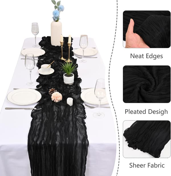 Set med 4 Boho Bordslöpare 17x108in Svart - Muslin Rustik Dekor Black