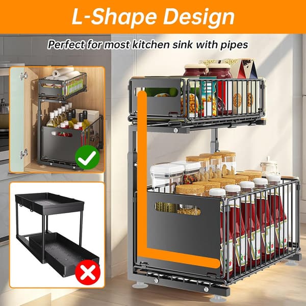 Storage Shelf Double Layer - L-shaped Pull-out Cabinet Shelf for Kitchen, Adjustable Height, Perfect for Spices, Drinks and Under-sink Storage