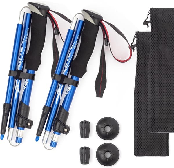 Ultralight Foldable Trekking Poles - 5 Sections, 1 Pair, Adjustable Height Blue