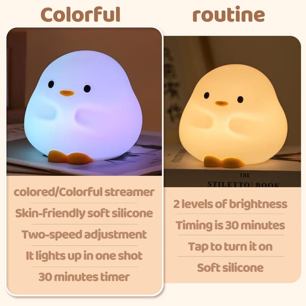 Nattlampe, Myk Silikon Andelampe, USB Oppladbar, Opptil 50 Timer Batteri, Timer Multicolor