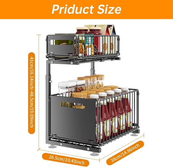 Storage Shelf Double Layer - L-shaped Pull-out Cabinet Shelf for Kitchen, Adjustable Height, Perfect for Spices, Drinks and Under-sink Storage