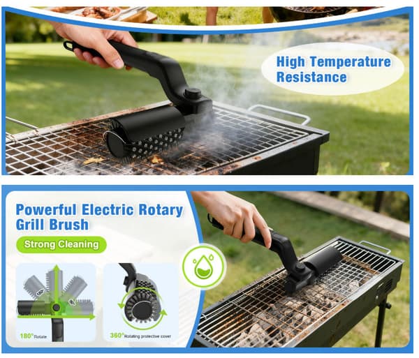 Elektrisk roterende grillbørste for utendørsgrill - 3-hastighetskontroll - BBQ-børste elektrisk justerbart børstehode - 304 rustfritt stål