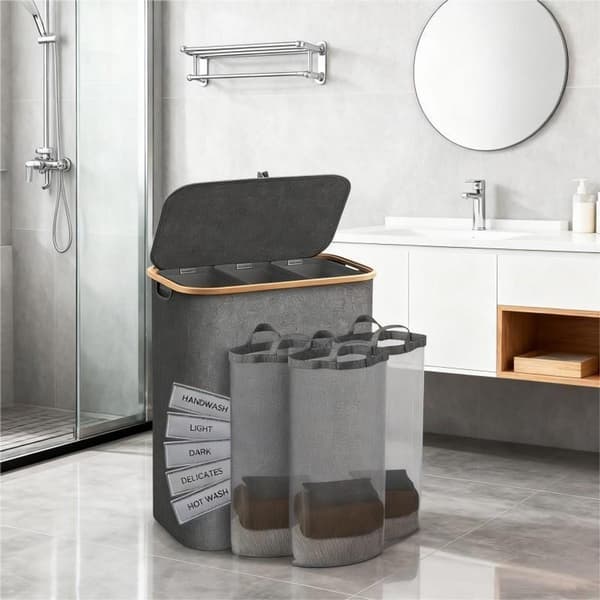 Klesvaskkurv, 160L, 3 avtakbare poser, sammenleggbar 3-roms klessorterer Gray