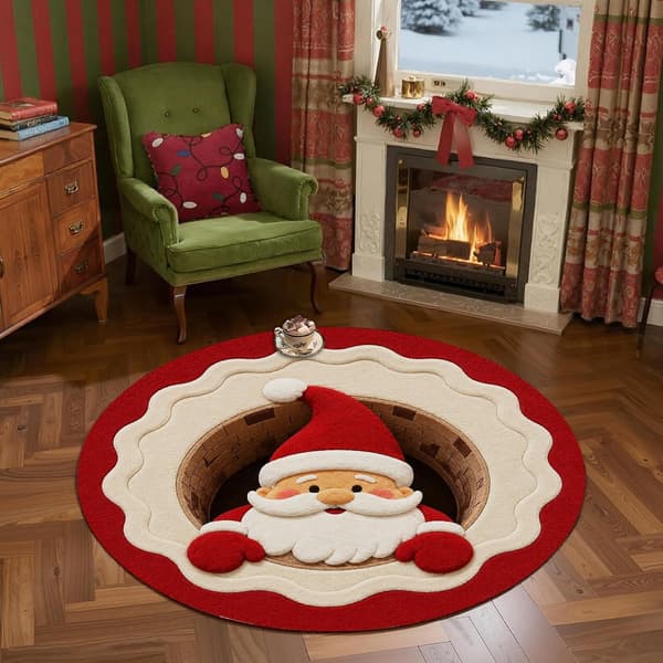 Rund julmatta, tomte i snöhål 3D-design, 80 cm, optisk illusion golvmatta för entré, vardagsrum och sovrum 80cm