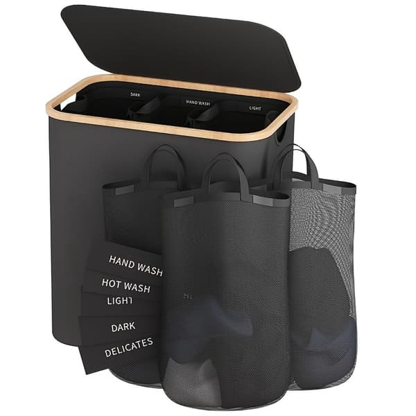 Klesvaskkurv, 160L, 3 avtakbare poser, sammenleggbar 3-roms klessorterer Black