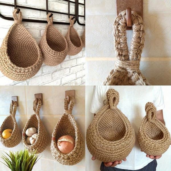 Handwoven Wall Basket - Vegetable and Fruit Storage Basket with Mesh Pocket 20×14cm