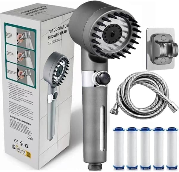 Synlig dusjhode med hånddusj - 3 moduser og stoppknapp - 1,5 m slange og borefri holder