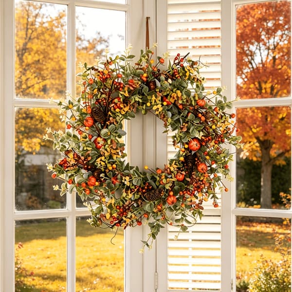 Kunstig efterårskrans med minigræskar, bær, eukalyptus og efterårsblomster, hoveddørsdekoration til indendørs og udendørs brug