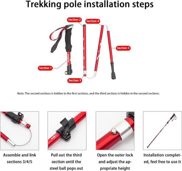 Ultralight Foldable Trekking Poles - 5 Sections, 1 Pair, Adjustable Height Red