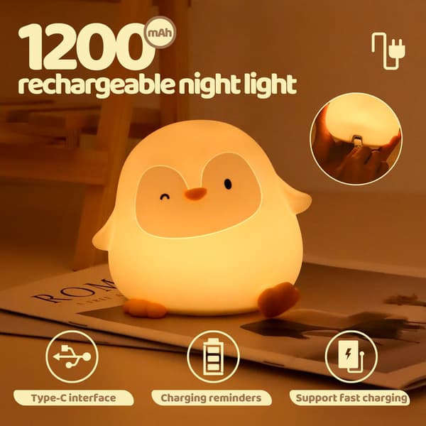 Nattlys, Silikon Pingvinlampe, Oppladbar, Opptil 50 Timer Batteri, Berøringskontroll, Timer Warm White