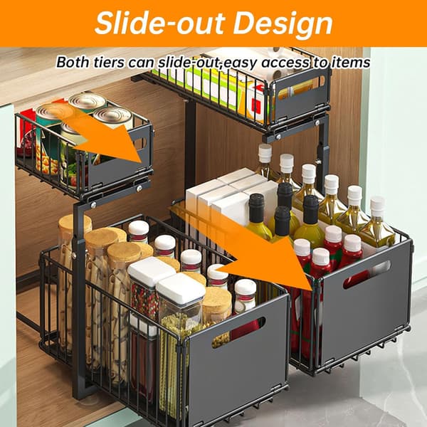 Storage Shelf Double Layer - L-shaped Pull-out Cabinet Shelf for Kitchen, Adjustable Height, Perfect for Spices, Drinks and Under-sink Storage