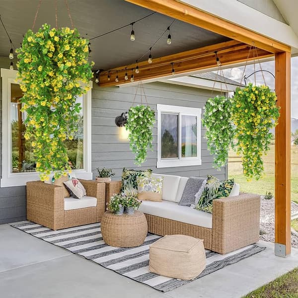 2-pak kunstige hængeplanter, gule efterårsblomster og eukalyptusløv, UV-bestandige Yellow