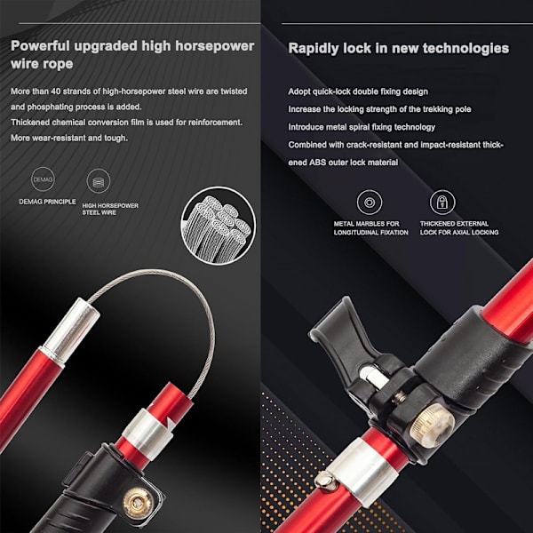 Foldable Hiking Pole with 5 Sections – Good Shock Absorption and Adjustable Height, 1-pack Red