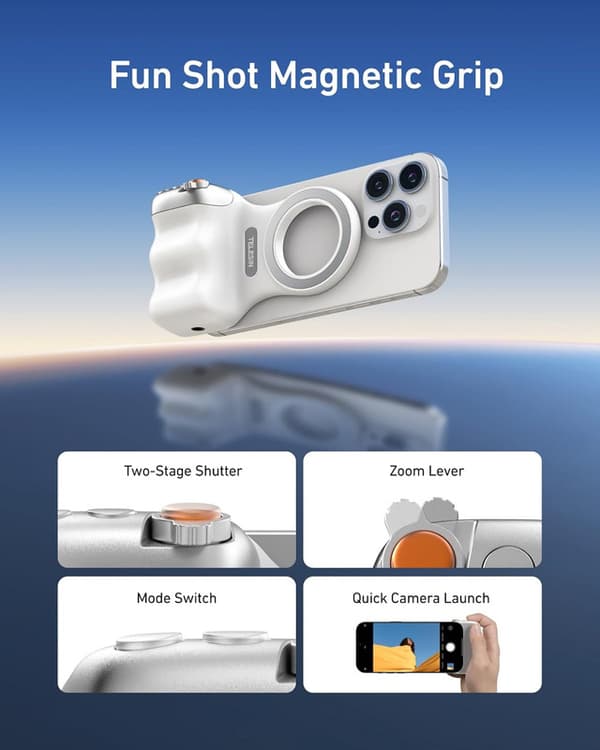 Magnetic Camera Grip for Mobile, MagSafe Phone Holder with Detachable Wireless Remote Shutter, Ergonomic Design, Suitable for iPhone/Android white