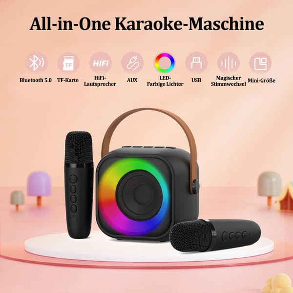 Karaoke Machine - Portable Bluetooth Speaker with 2 Wireless Microphones and Party Lights, USB Charging, DSP Noise Reduction, TF/USB/AUX/Bluetooth Input black