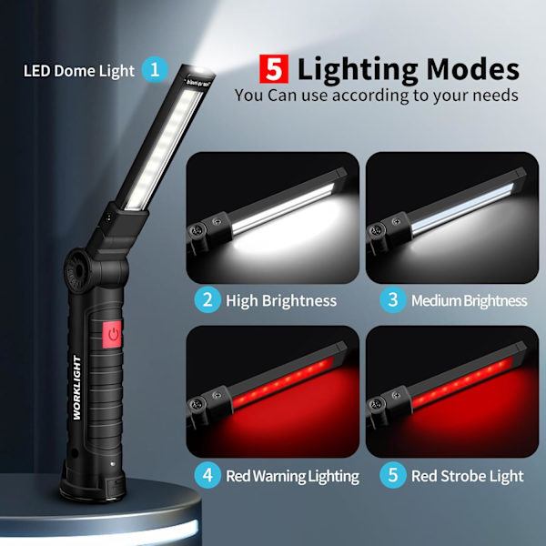 Work Light with Magnetic Base - Rechargeable LED Work Light with 5 Light Modes & 360° Rotation for Workshop & Construction 15.5*5.2*5cm