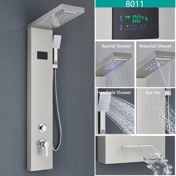 LED Hydromassage Brusepanel - Vandfaldsregnsøjle, 4-6 dyser, Badekarstud, Rustfrit Stål, Moderne Badeværelse - Stil C 8011 8011