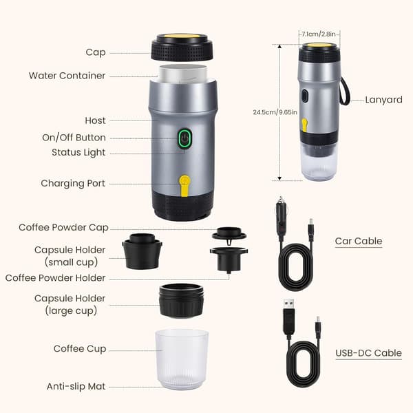 12V Bärbar 3-i-1 Espresso - 7500mAh NS & Malet Kaffe Silver Silver USB + Car Cable