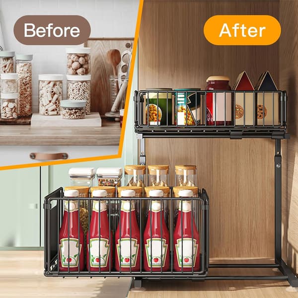 Storage Shelf Double Layer - L-shaped Pull-out Cabinet Shelf for Kitchen, Adjustable Height, Perfect for Spices, Drinks and Under-sink Storage