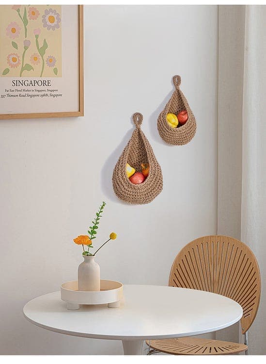 Handwoven Wall Basket - Vegetable and Fruit Storage Basket with Mesh Pocket 28×21cm