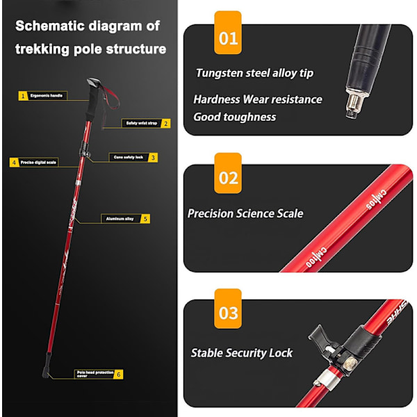 Foldable Hiking Pole with 5 Sections – Good Shock Absorption and Adjustable Height, 1-pack Red