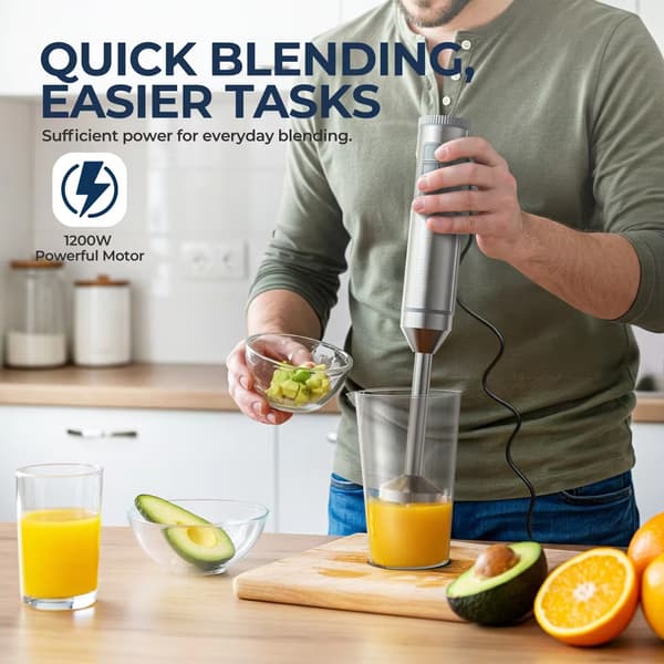 4-i-1 Stavblender - Skaft i rustfrit stål, 700 ml røreskål, 500 ml foodprocessor, piskeris