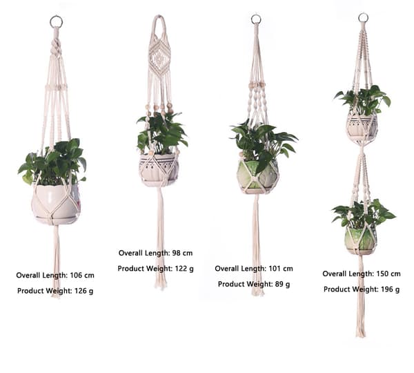 4-pack Makramé Blomkrukshållare, Boho Växthållare av Bomullsrep med Träpärlor, Längd 98/101/106/150 cm
