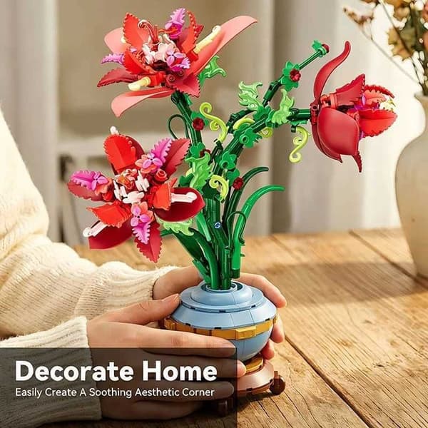 Building Set Potted Plant Red, Eternal Artificial Flower - DIY Blocks, Desk Decor Style 2