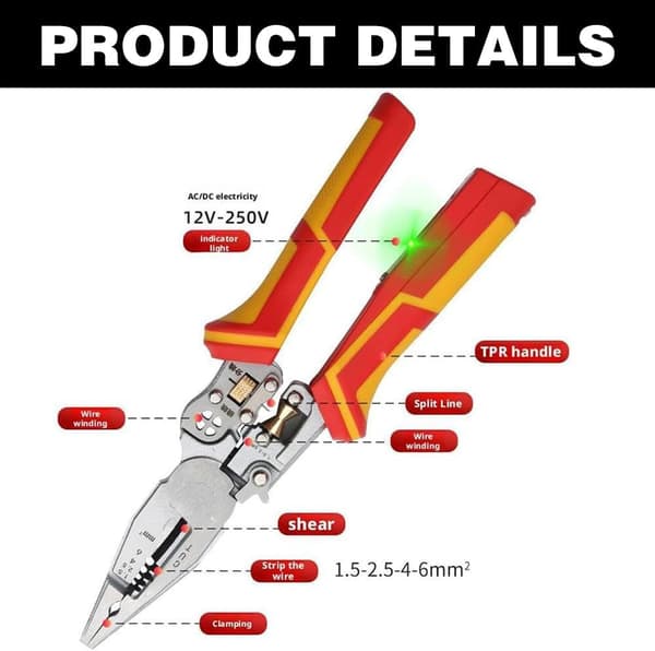 8-in-1 Multifunctional Cable Stripper with Current Measurement – Crimping Pliers, Cutter, and Ferrule Pliers