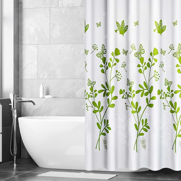 Fjärilsblomma Duschdraperi 180x200cm - Vattentätt 12 Krokar Green + White