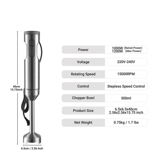 4-i-1 Stavblender - Skaft i rustfrit stål, 700 ml røreskål, 500 ml foodprocessor, piskeris