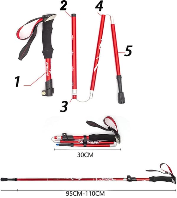 Ultralight Foldable Trekking Poles - 5 Sections, 1 Pair, Adjustable Height Red