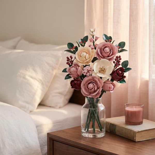 Byggesæt rosenbuket lyserød og måne – botanisk kollektion, kunstige blomster Style 1