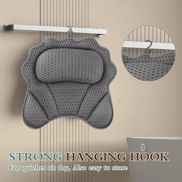 Ergonomic Bathtub Pillow – Support for Head, Neck, Shoulders & Back, 4D Design with 6 Strong Suction Cups Gray