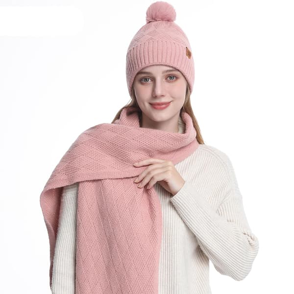 Vinterset för damer – Stickad mössa, halsduk och handskar (3 delar) rosa