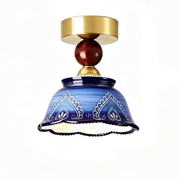 Taklampe, blomstret keramisk skjerm, blågrønn, retro boho-stil, varmt lys