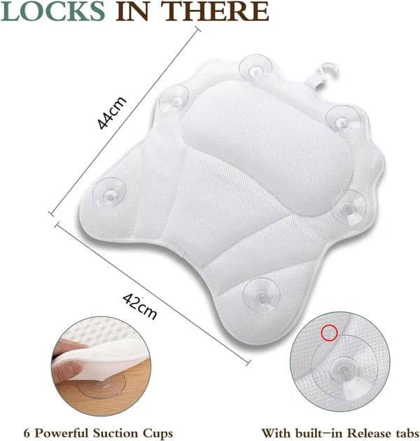 Ergonomic Bathtub Pillow – Support for Head, Neck, Shoulders & Back, 4D Design with 6 Strong Suction Cups White