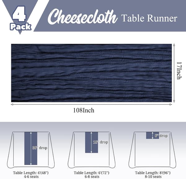 Set med 4 Boho Bordslöpare 17x108in Marinblå - Muslin Rustik Inredning Navy blue