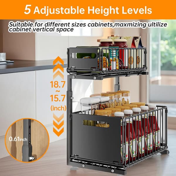 Storage Shelf Double Layer - L-shaped Pull-out Cabinet Shelf for Kitchen, Adjustable Height, Perfect for Spices, Drinks and Under-sink Storage