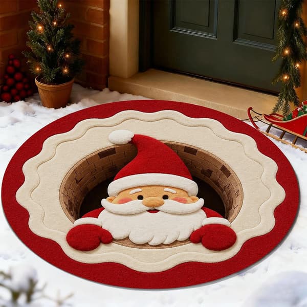 Rund julmatta, tomte i snöhål 3D-design, 100 cm, optisk illusion golvmatta för entré, vardagsrum och sovrum 100cm