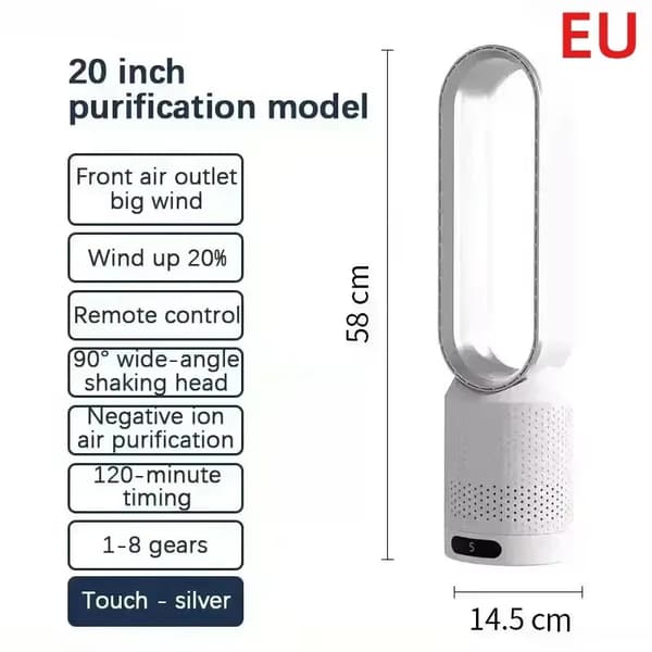 20\" Bladeless tårnventilator 220V - Stille luftrenser til kollegieværelse sommer - Sølv Silver