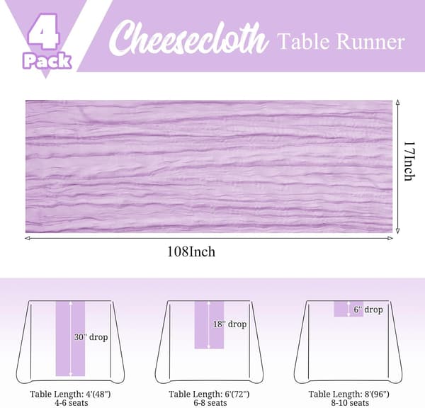 Set med 4 Boho Bordslöpare 17x108in Ljuslila - Muslin Rustik Dekor Light purple