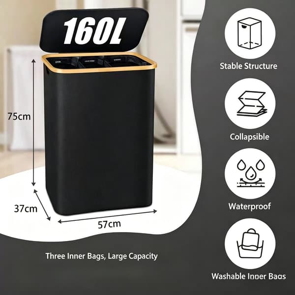 Klesvaskkurv, 160L, 3 avtakbare poser, sammenleggbar 3-roms klessorterer Black