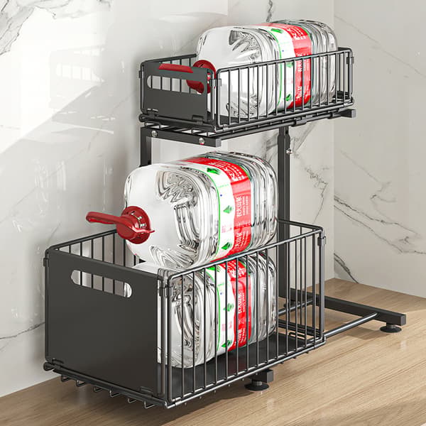 Storage Shelf Double Layer - L-shaped Pull-out Cabinet Shelf for Kitchen, Adjustable Height, Perfect for Spices, Drinks and Under-sink Storage