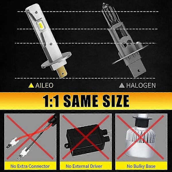 Aileo 2 stk. H3 H1 LED-lys 13000lm 6000k Forlygte Pære Mini Størrelse Design Trådløs Til Bil Lamper Csp 7035 Chips Hvid Plug&play
