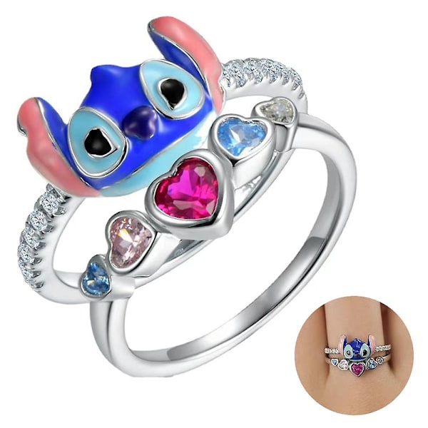 2 stk/sett Lilo & Stitch ringer med glitrende hjerte kubisk zirkonia ring kvinner jenter smykker gave 10